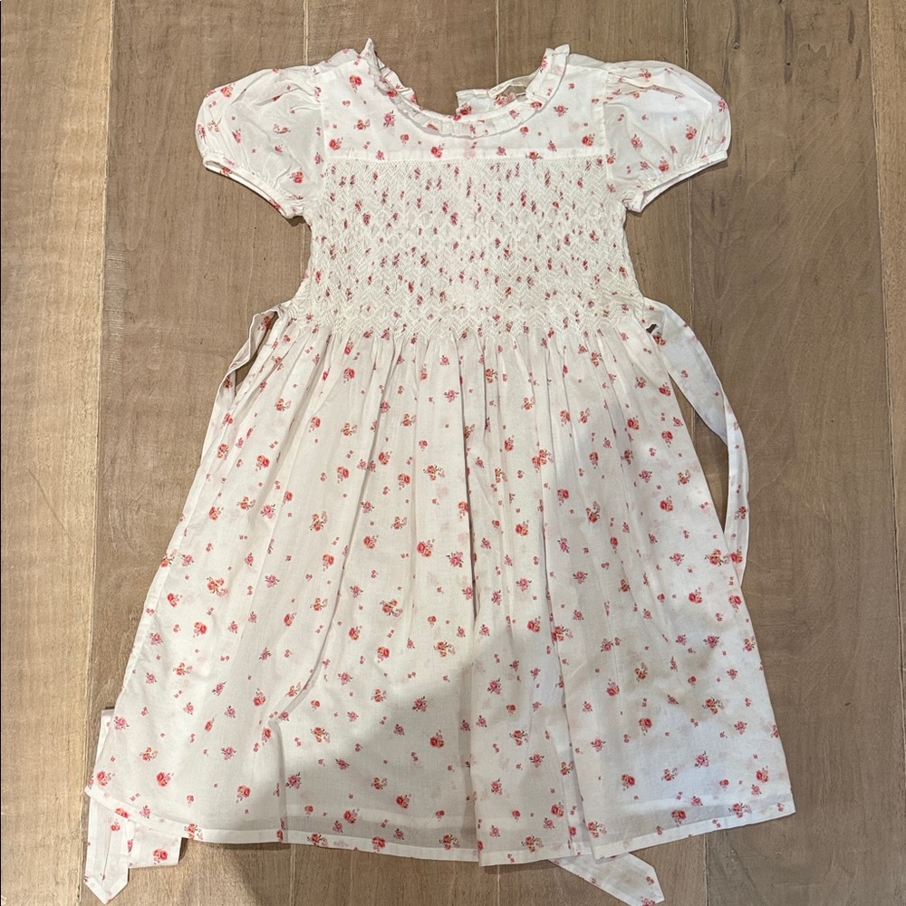 LoveShackFancy White Dress with Pink Floral Smocking